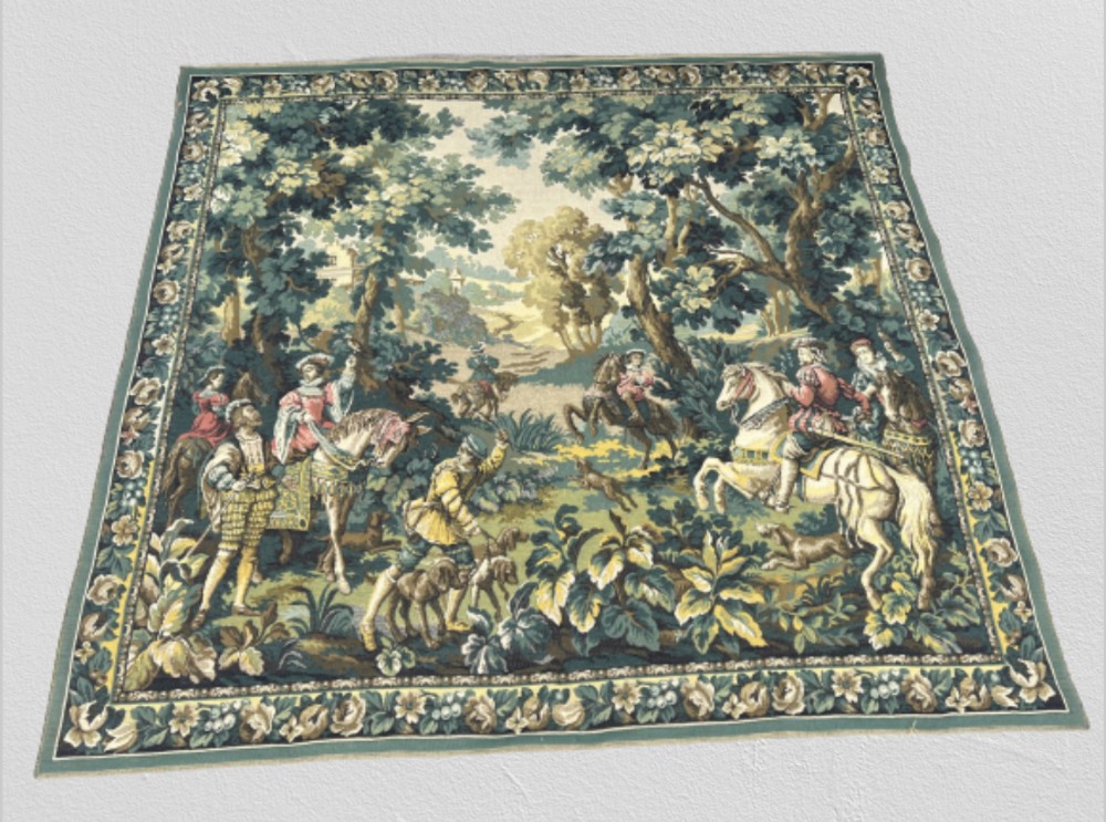Large tapestry of hunting party in woodland 