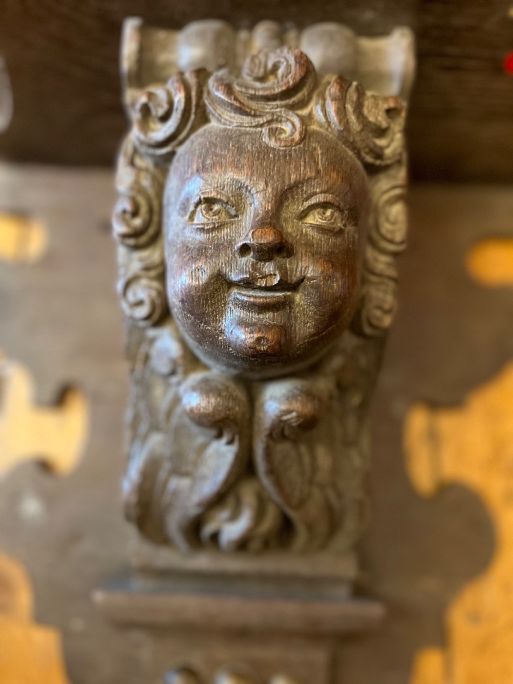 C18th carved Cherub corbel in oak  View II