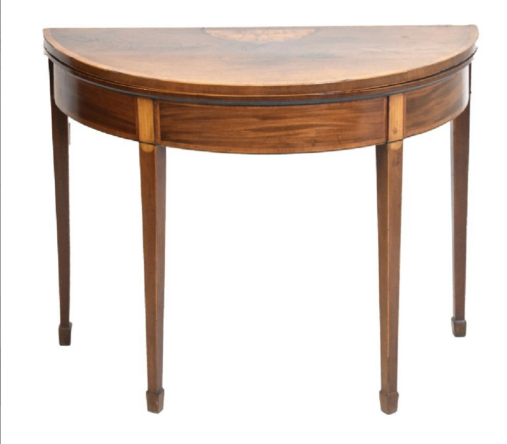 C18th mahogany and satinwood crossbanded and inlaid Demi line card table 
