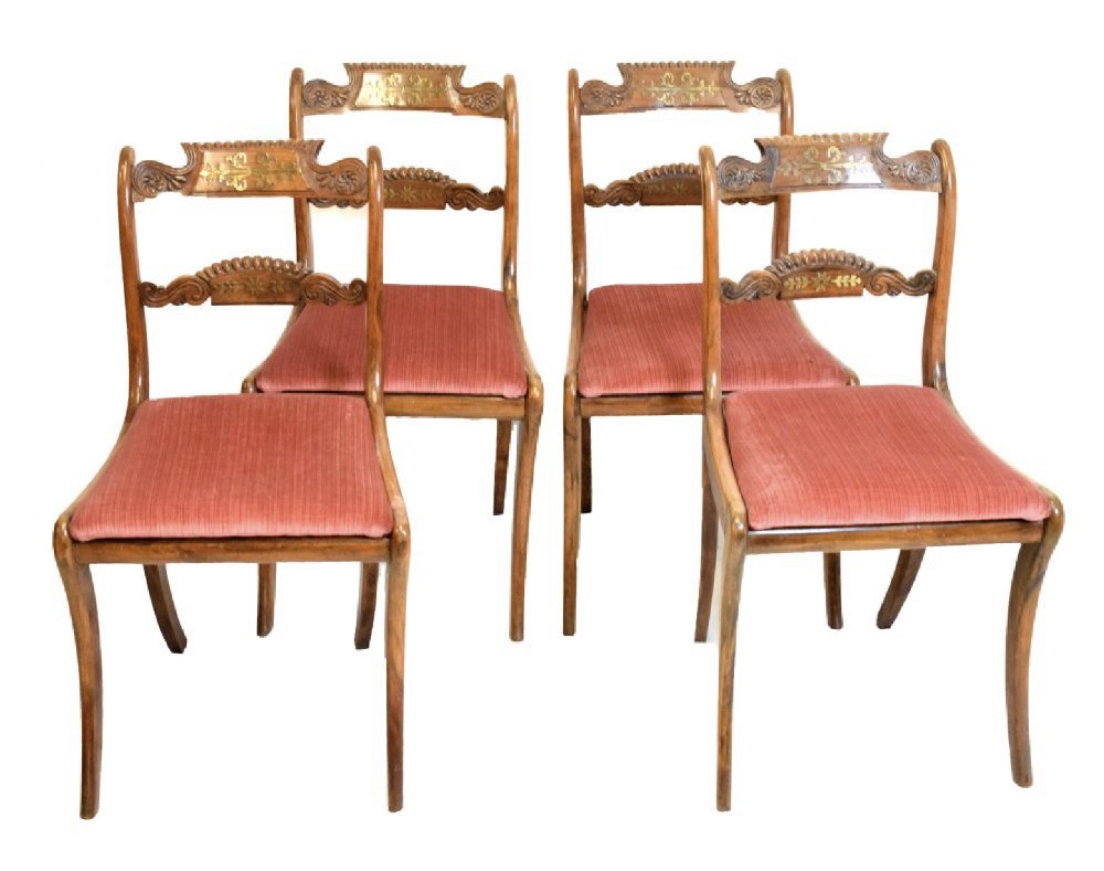 C1820-30 Set of four regency faux rosewood brass inlaid beech cane seated chairs 