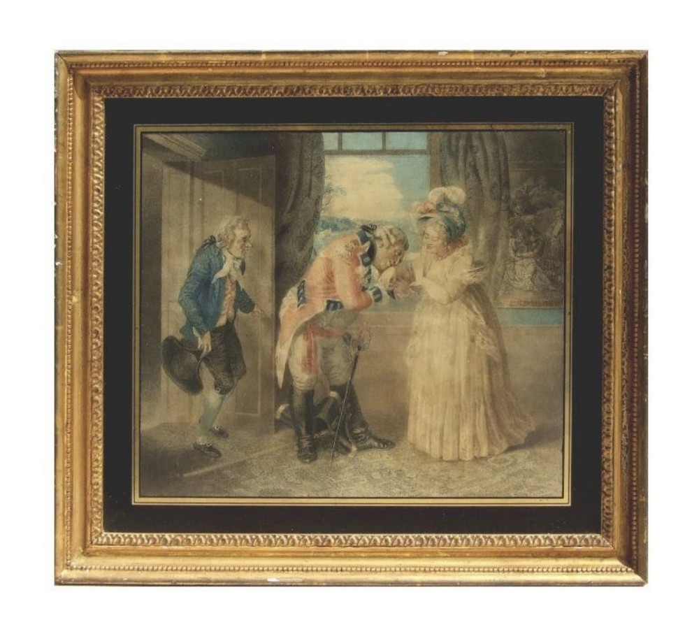 C18th coloured engraving in original frame and mount 