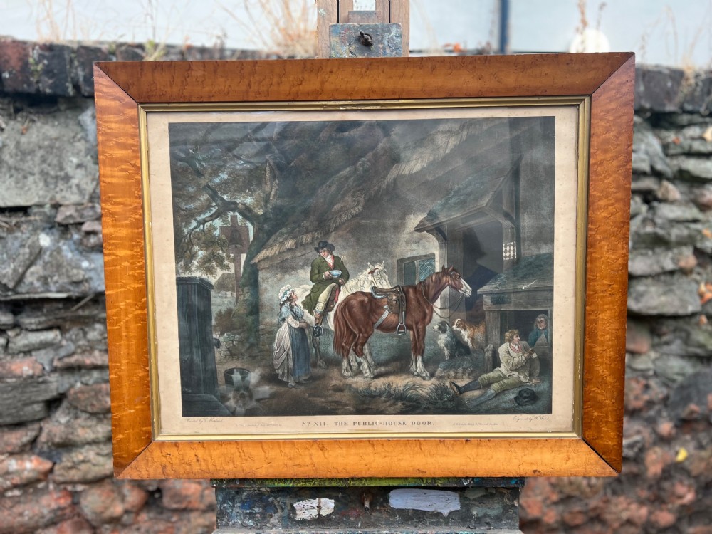 The public house door by G morland coloured stipple engraving in a burr maple frame 