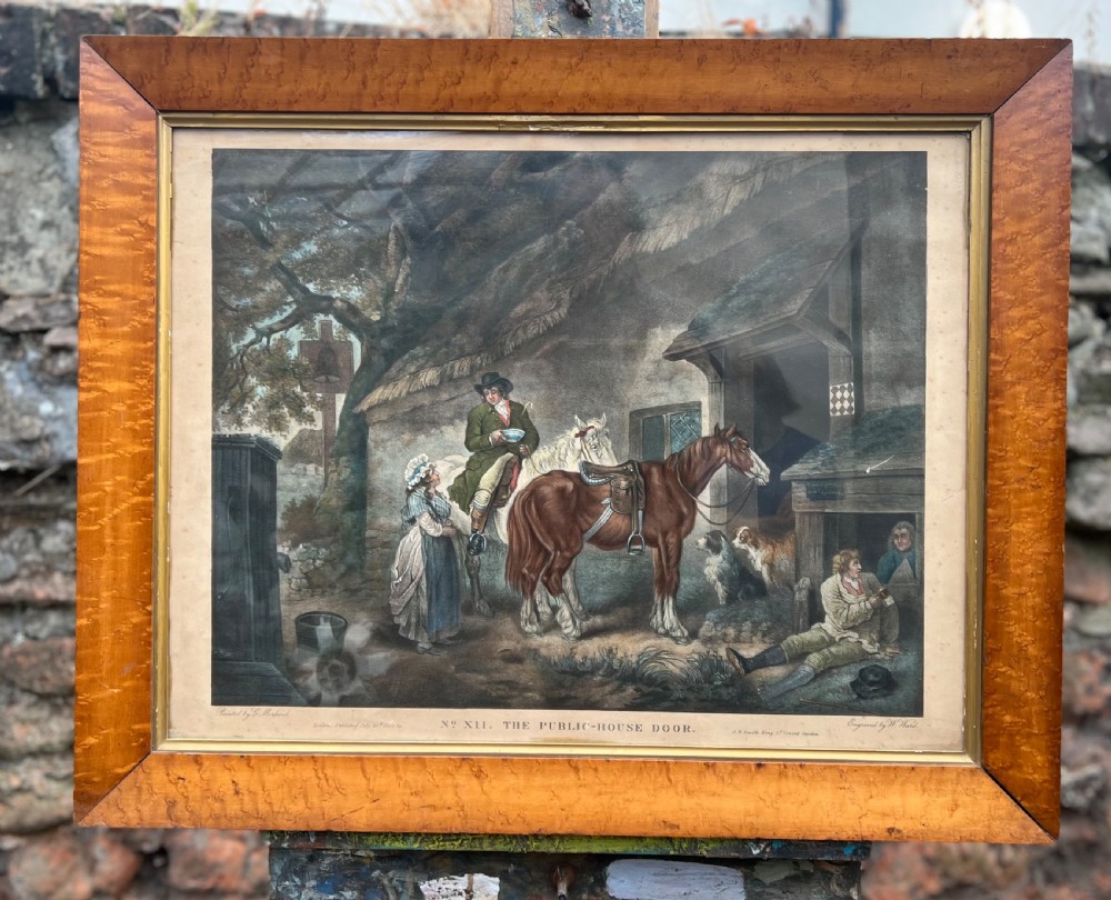 The public house door by G morland coloured stipple engraving in a burr maple frame  View II