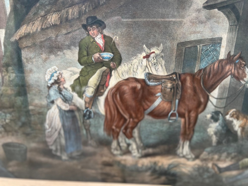 The public house door by G morland coloured stipple engraving in a burr maple frame  View III