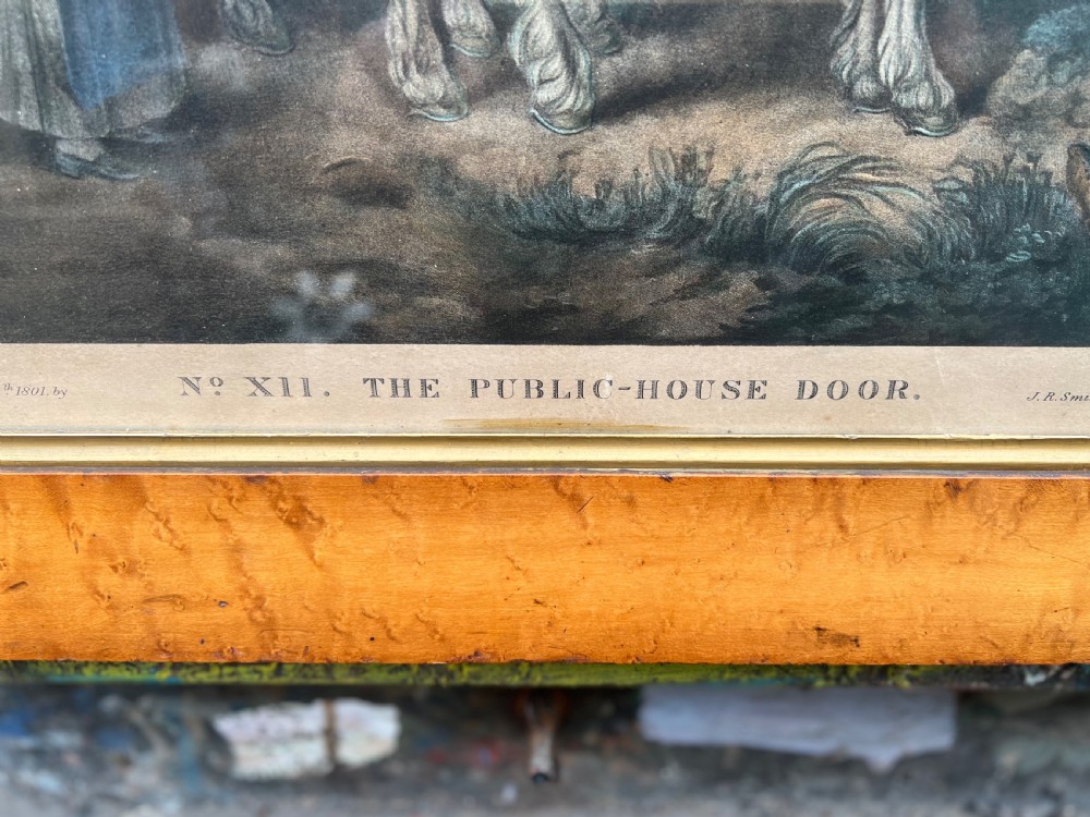 The public house door by G morland coloured stipple engraving in a burr maple frame  View IV