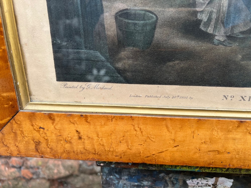 The public house door by G morland coloured stipple engraving in a burr maple frame  View V