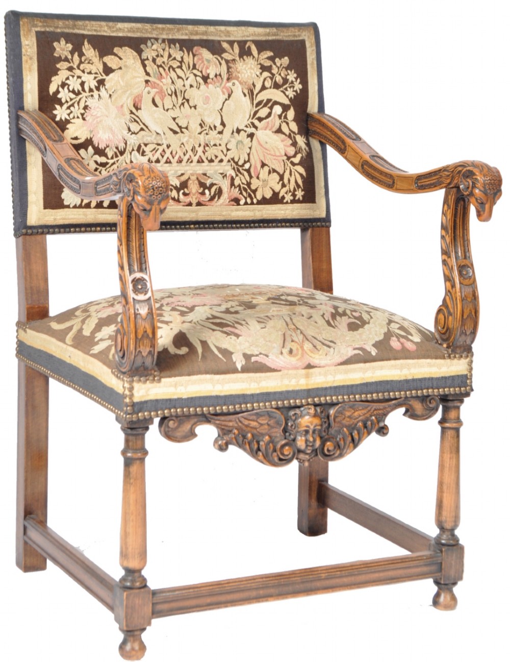 Walnut armchair with carved details and original tapestry 