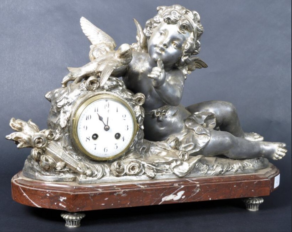 C19th Spelter and rouge marble mantle clock 