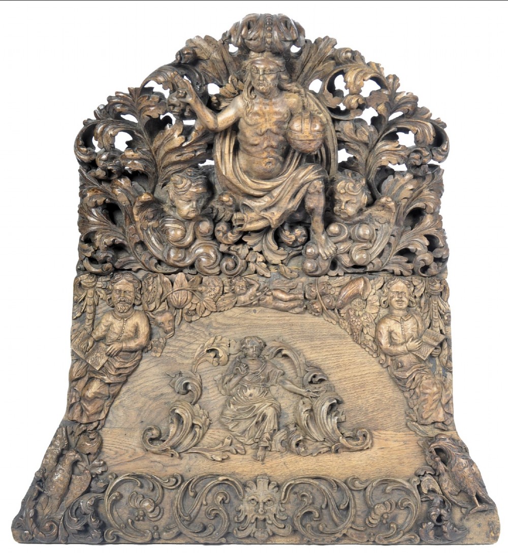 Large C17th Belgium chestnut and walnut carved cresting rail from a confessional chair 