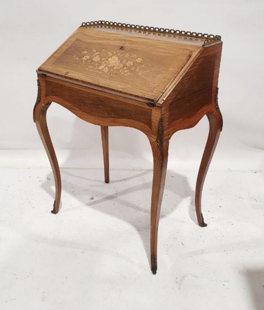 C19th king wood and marquetry inlaid bureau de dame 