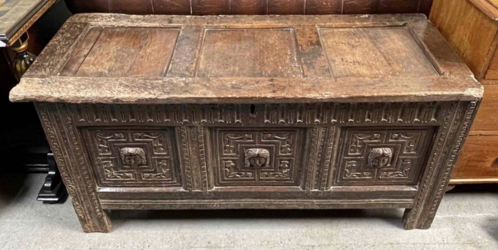 C17th oak three panel carved coffer 