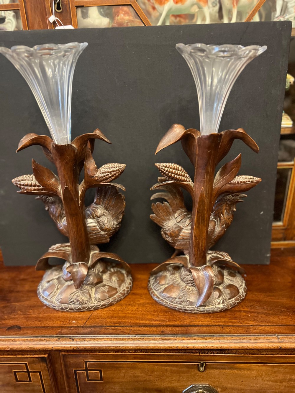Pair of Black Forest epergnes with carved chickens  View VII