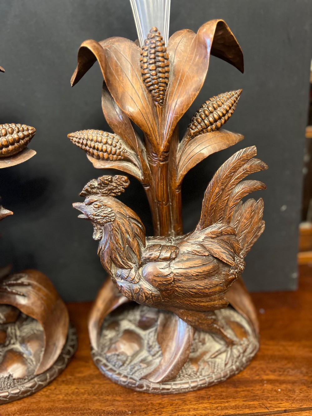Pair of Black Forest epergnes with carved chickens  View VIII