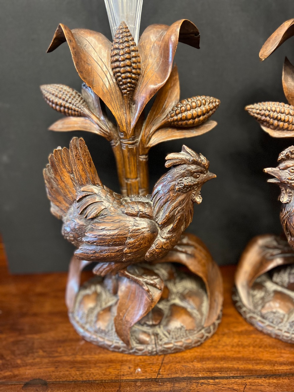 Pair of Black Forest epergnes with carved chickens  View IX