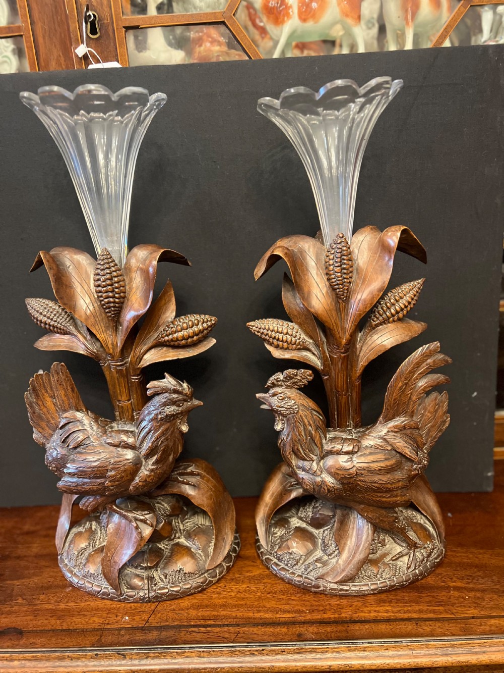 Pair of Black Forest epergnes with carved chickens  View X