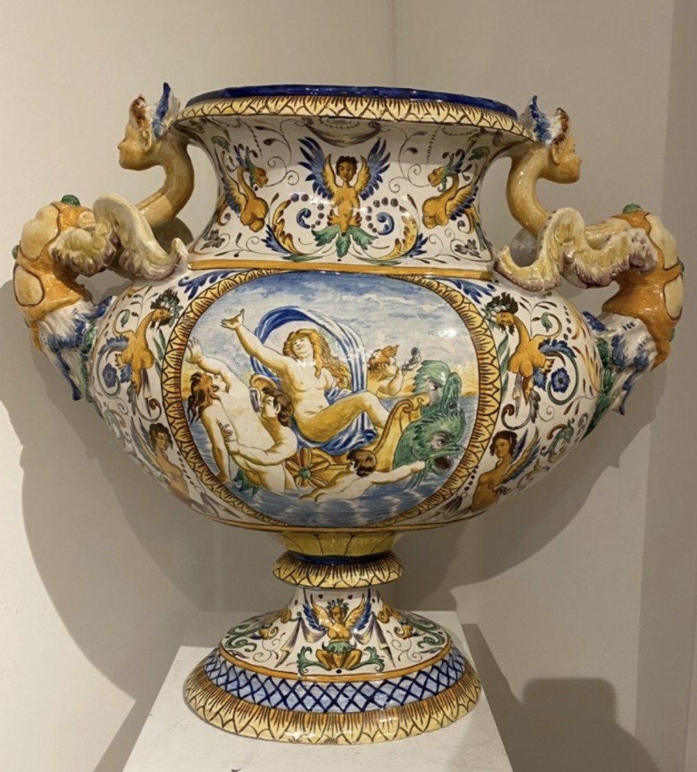 Monumental maiolica vase depicting the birth of Venus 