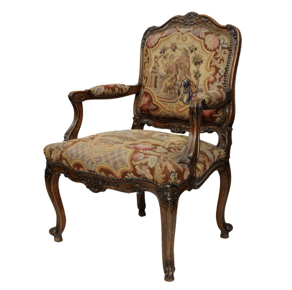 C19th French open armchair with petit point tapestry 