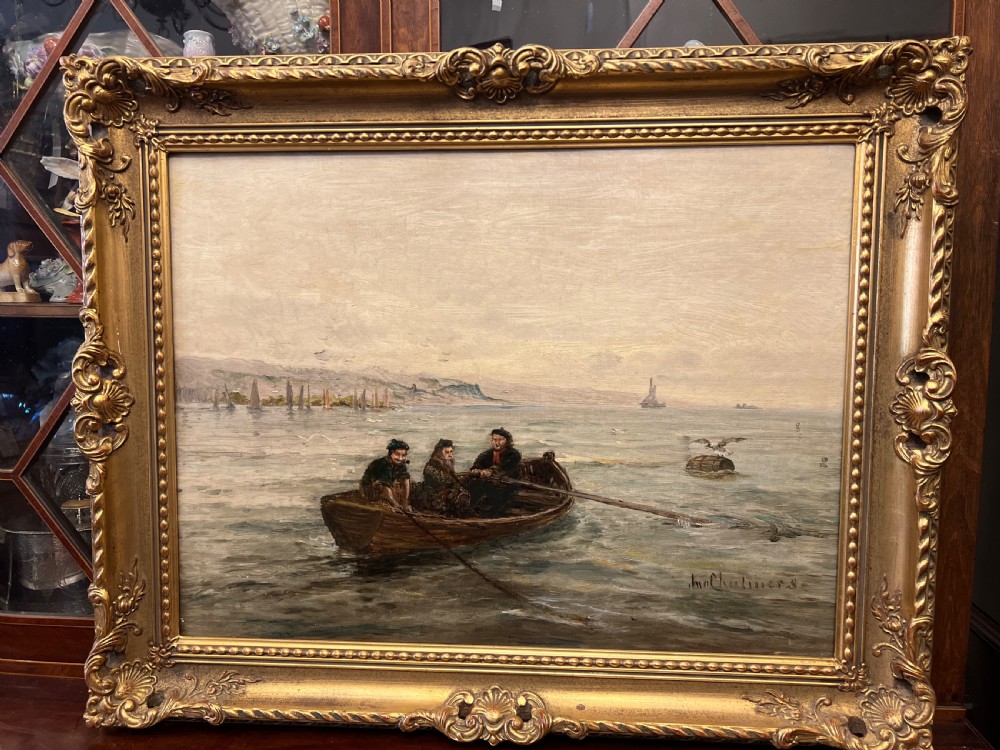 John Chalmers active ( 1879-1893 ) oil painting on canvas of three fishermen in a boat west coast of aisla Craig 