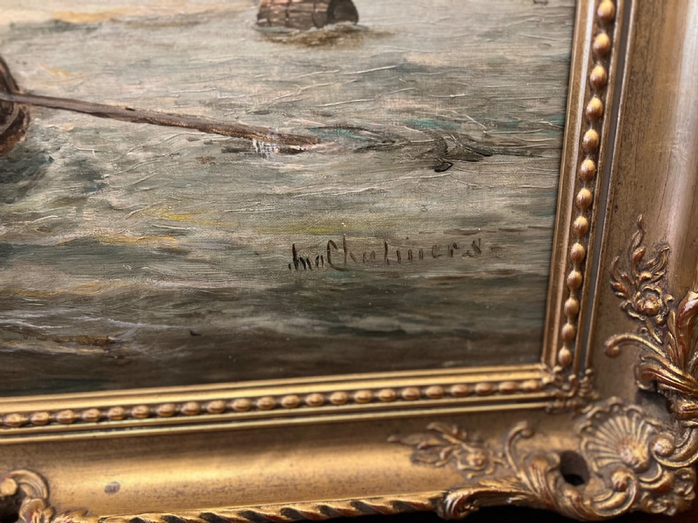 John Chalmers active ( 1879-1893 ) oil painting on canvas of three fishermen in a boat west coast of aisla Craig  View II
