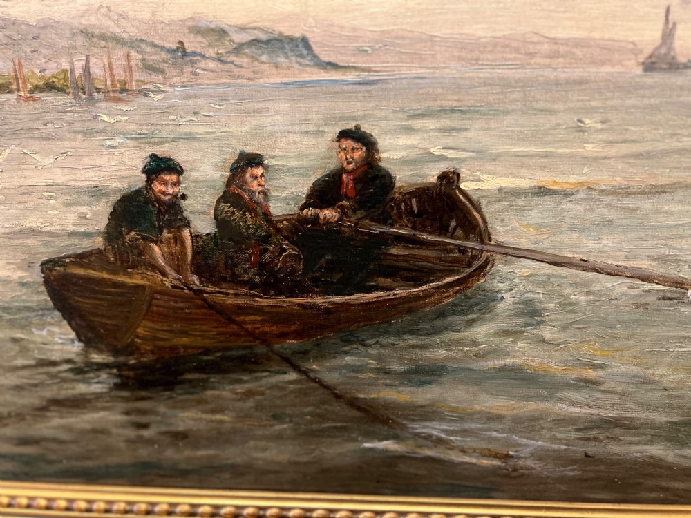 John Chalmers active ( 1879-1893 ) oil painting on canvas of three fishermen in a boat west coast of aisla Craig  View III