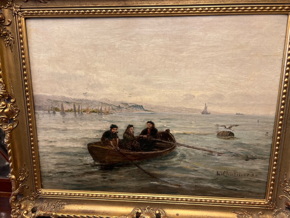John Chalmers active ( 1879-1893 ) oil painting on canvas of three fishermen in a boat west coast of aisla Craig  View IV