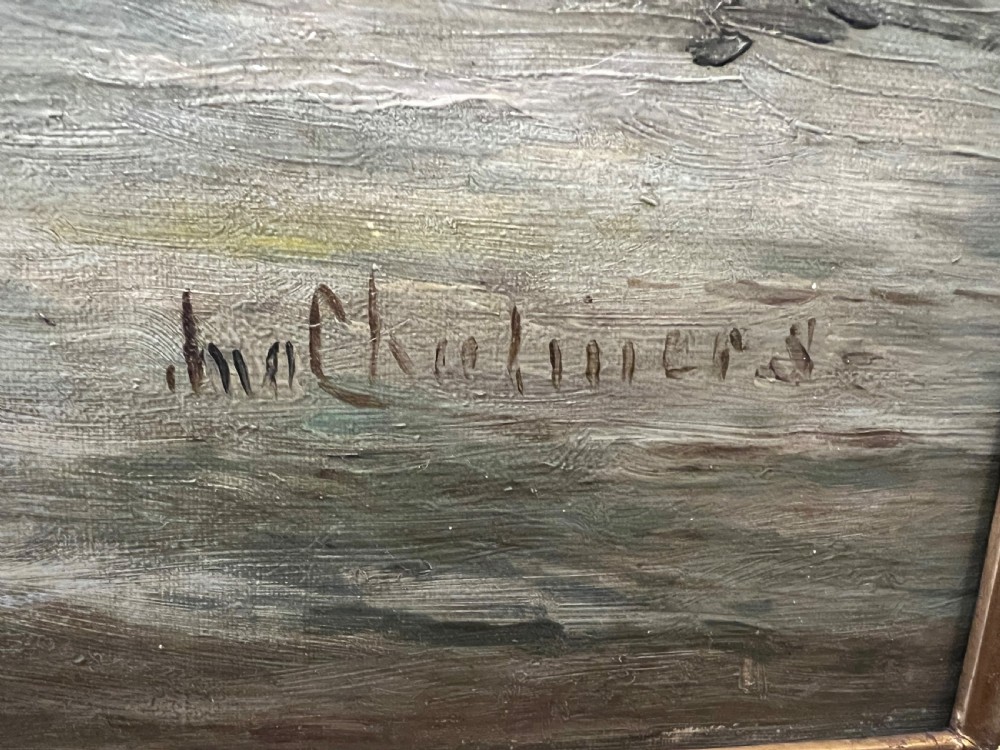 John Chalmers active ( 1879-1893 ) oil painting on canvas of three fishermen in a boat west coast of aisla Craig  View V
