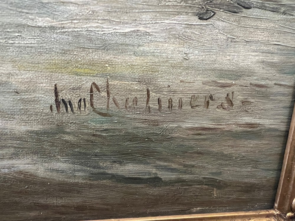 John Chalmers active ( 1879-1893 ) oil painting on canvas of three fishermen in a boat west coast of aisla Craig  View VI