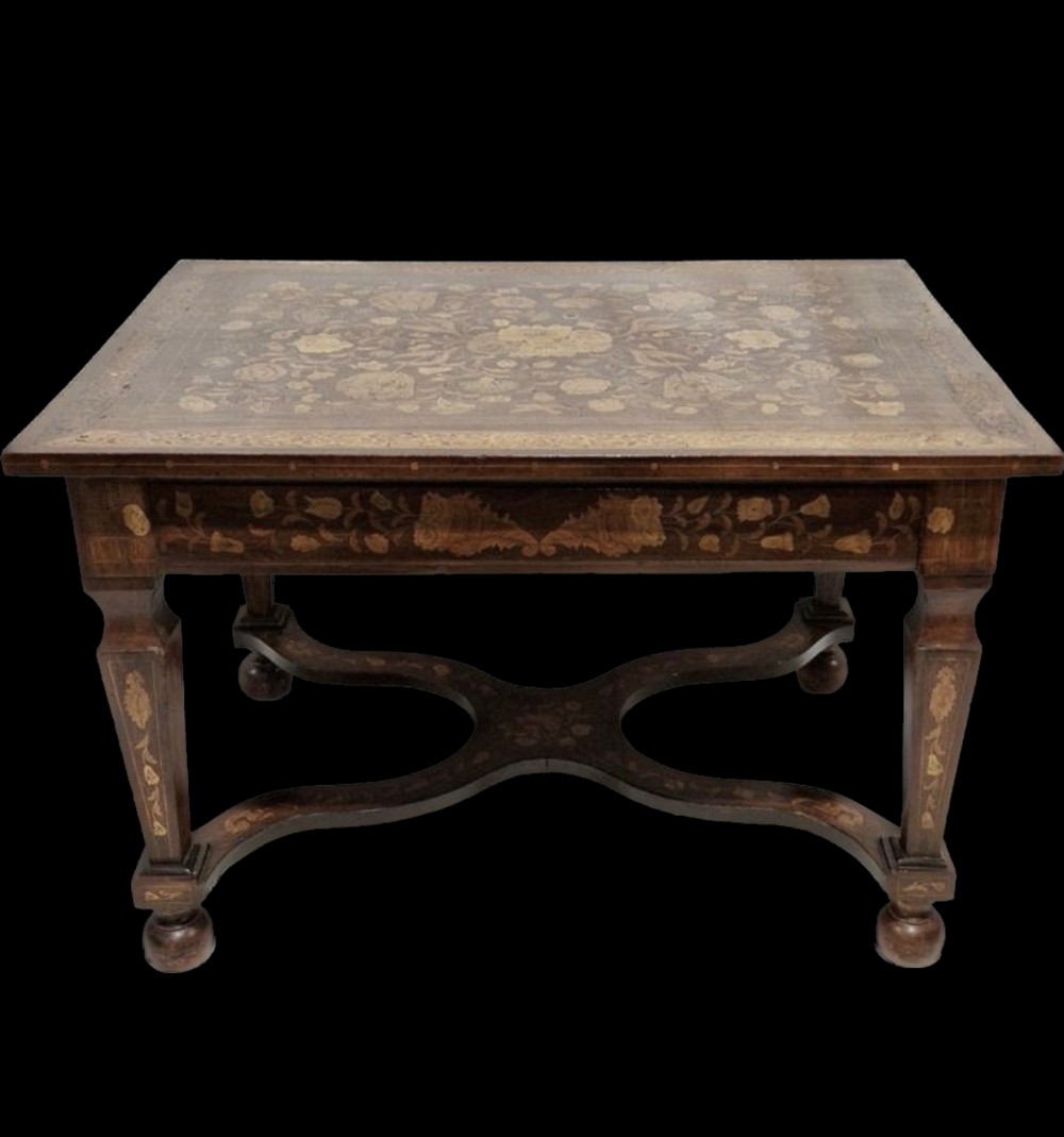 C19th Dutch marquetry table with x framed stretcher 