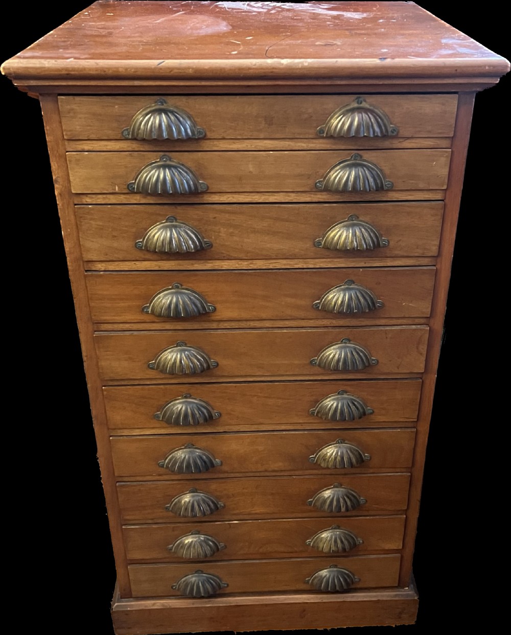 Tall walnut chest of 10 drawers with brass cup handles 