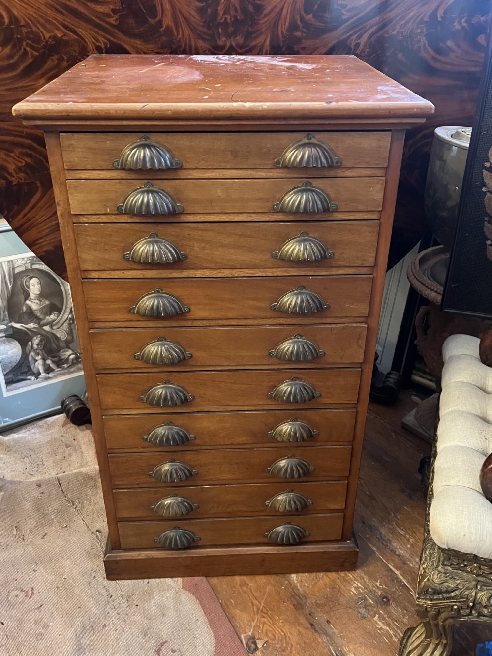 Tall walnut chest of 10 drawers with brass cup handles  View II