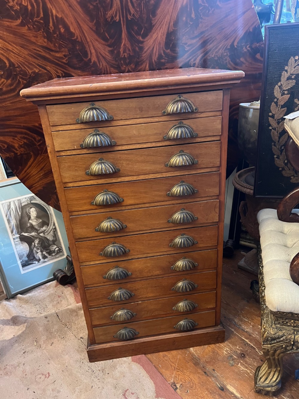 Tall walnut chest of 10 drawers with brass cup handles  View VI