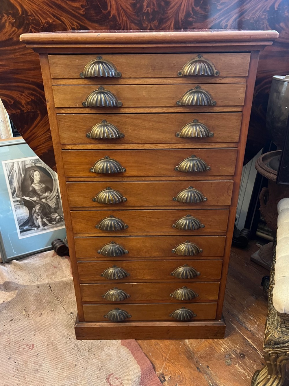 Tall walnut chest of 10 drawers with brass cup handles  View VII