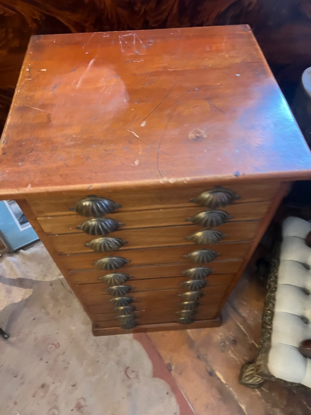Tall walnut chest of 10 drawers with brass cup handles  View VIII