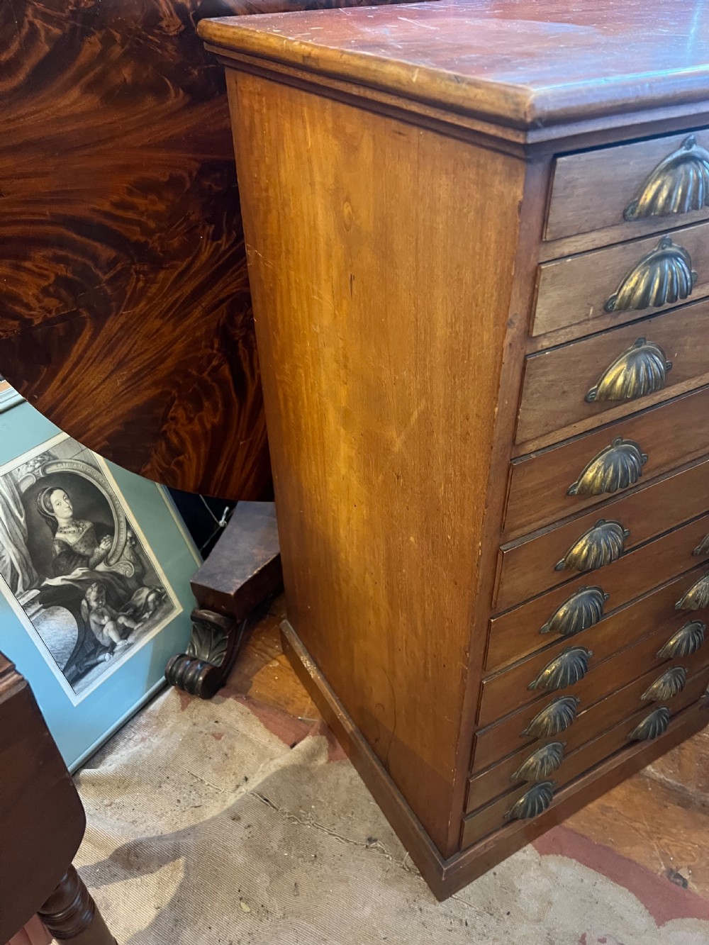 Tall walnut chest of 10 drawers with brass cup handles  View X