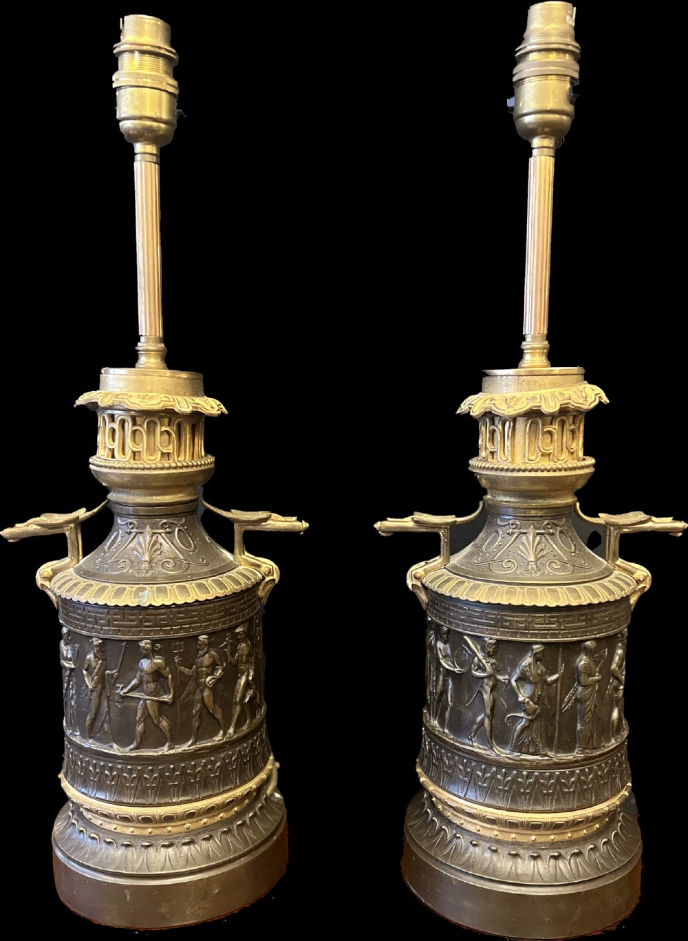 C19th pair of grand tour bronze and ormolu lamps 
