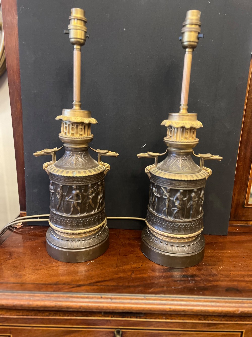 C19th pair of grand tour bronze and ormolu lamps  View V