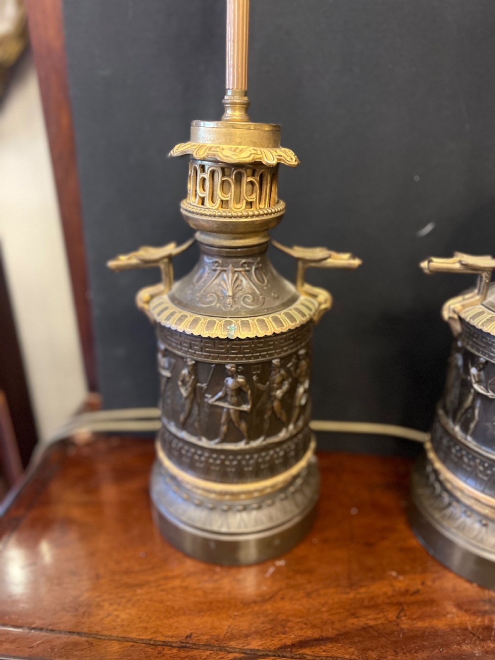 C19th pair of grand tour bronze and ormolu lamps  View X