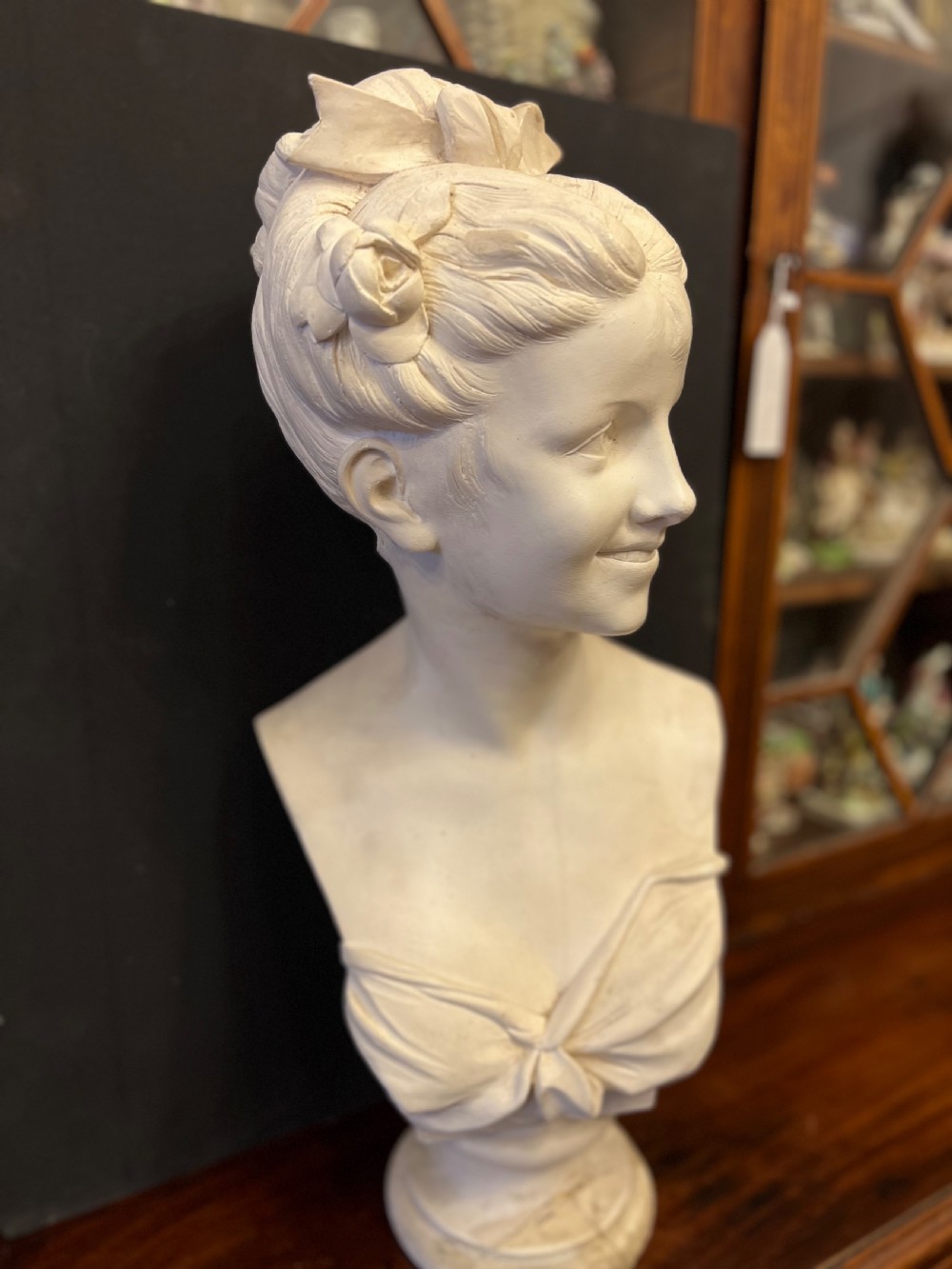C1900 French plaster bust of a young woman signed  View III