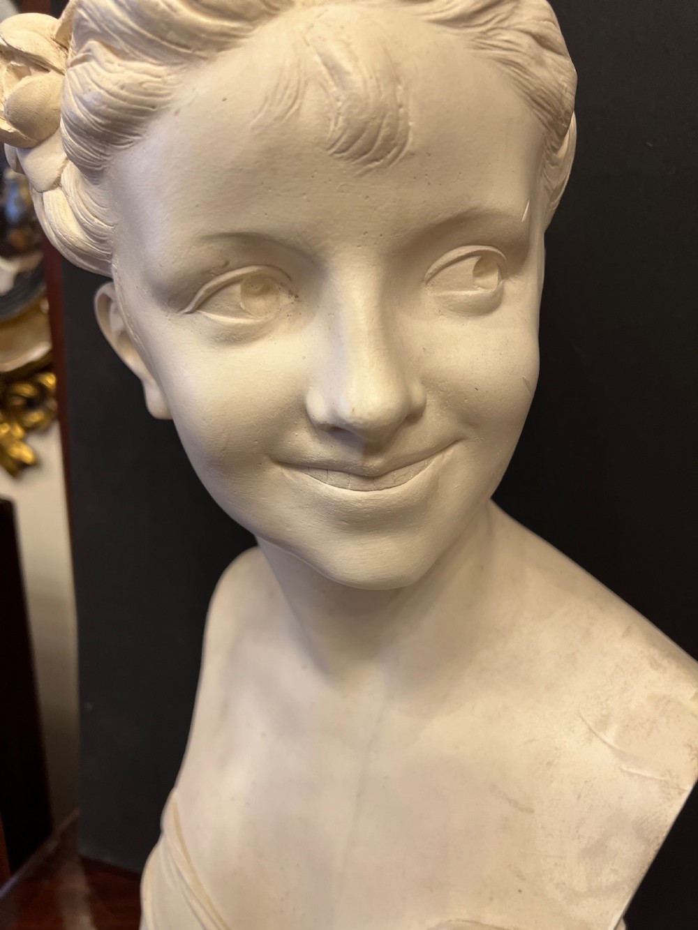 C1900 French plaster bust of a young woman signed  View XIII