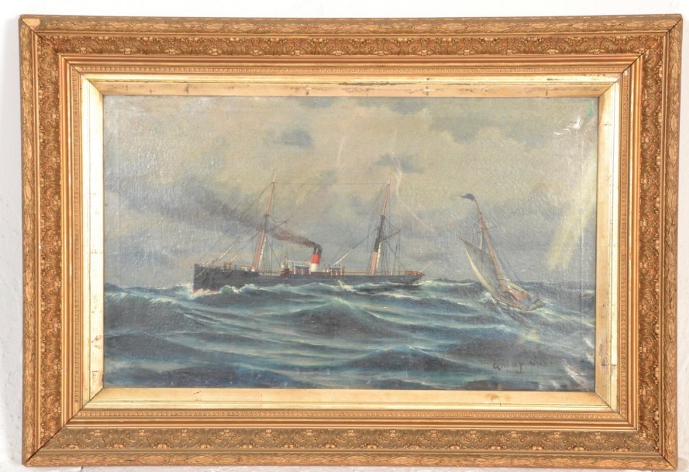 C19th oil on canvas showing a steamer ship on high seas 
