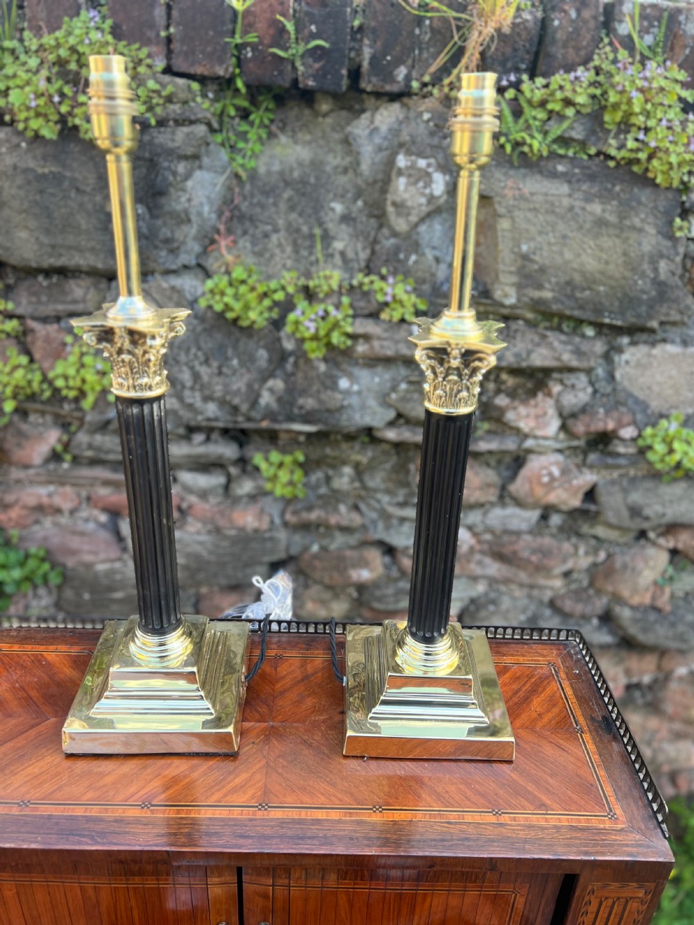 Near pair of Corinthian wooden and brass table lamps  View VII