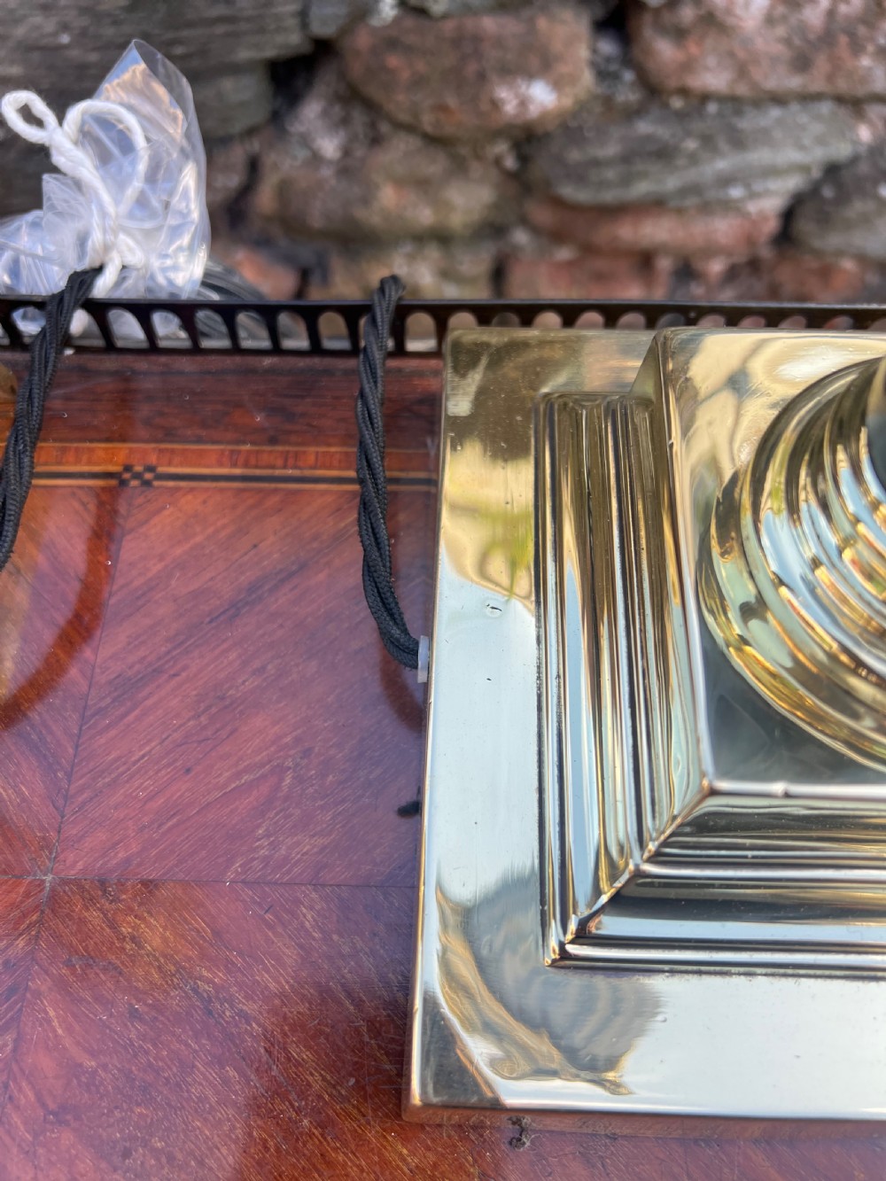 Near pair of Corinthian wooden and brass table lamps  View IX