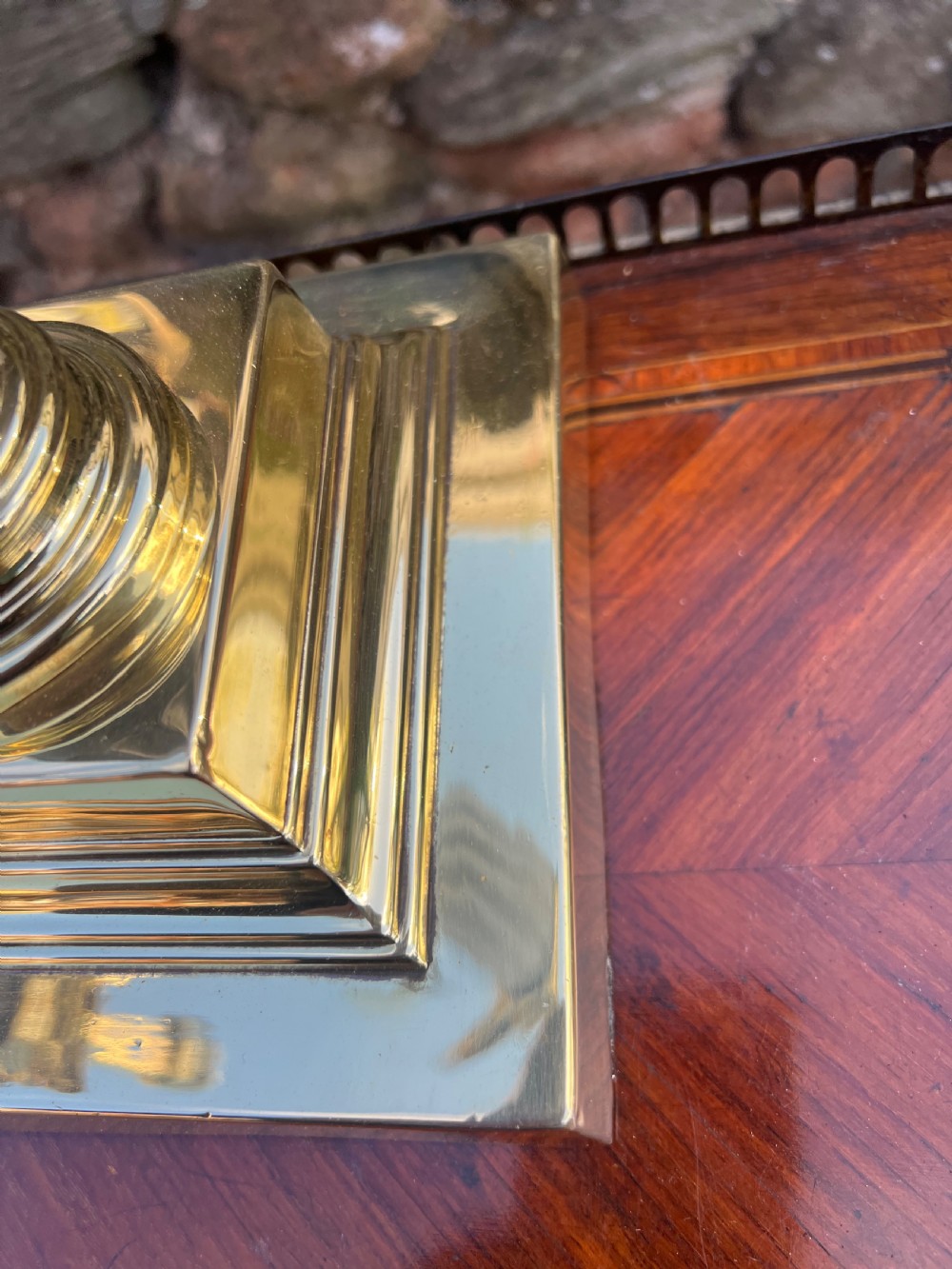 Near pair of Corinthian wooden and brass table lamps  View X