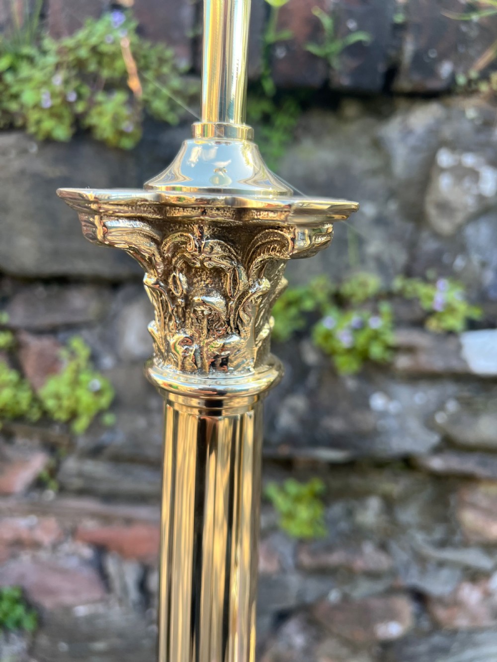 Pair of brass Corinthian column lamps  View II