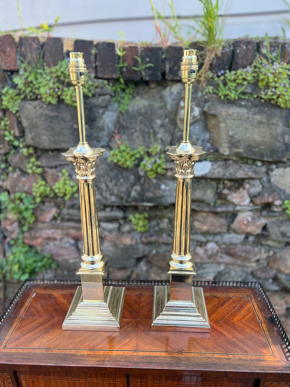 Pair of brass Corinthian column lamps  View V