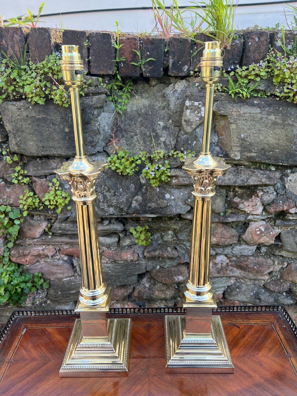 Pair of brass Corinthian column lamps  View VI