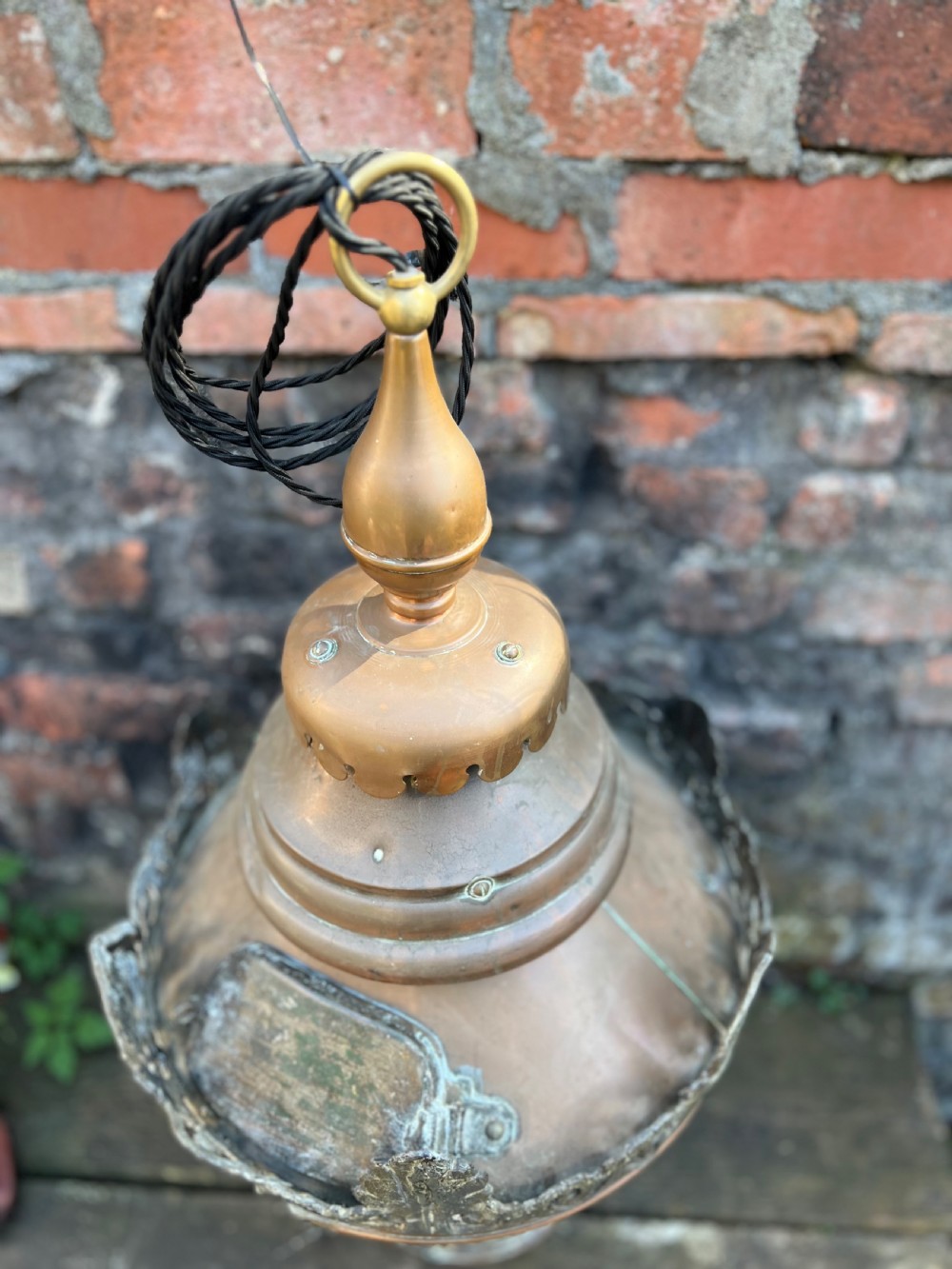 A large Edwardian copper and glass hanging lantern featuring decorative cresting and a top suspension loop. View II