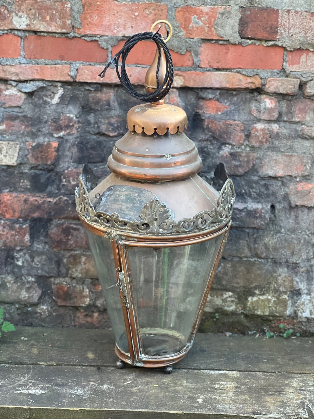 A large Edwardian copper and glass hanging lantern featuring decorative cresting and a top suspension loop. View III