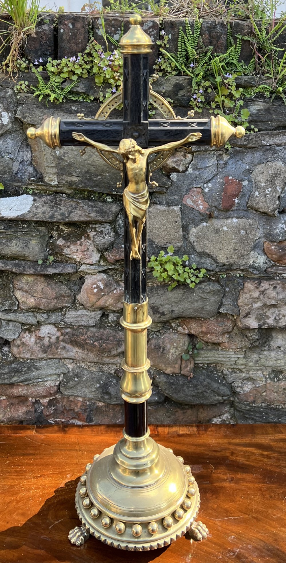 C19th reformed gothic brass and wood crucifix