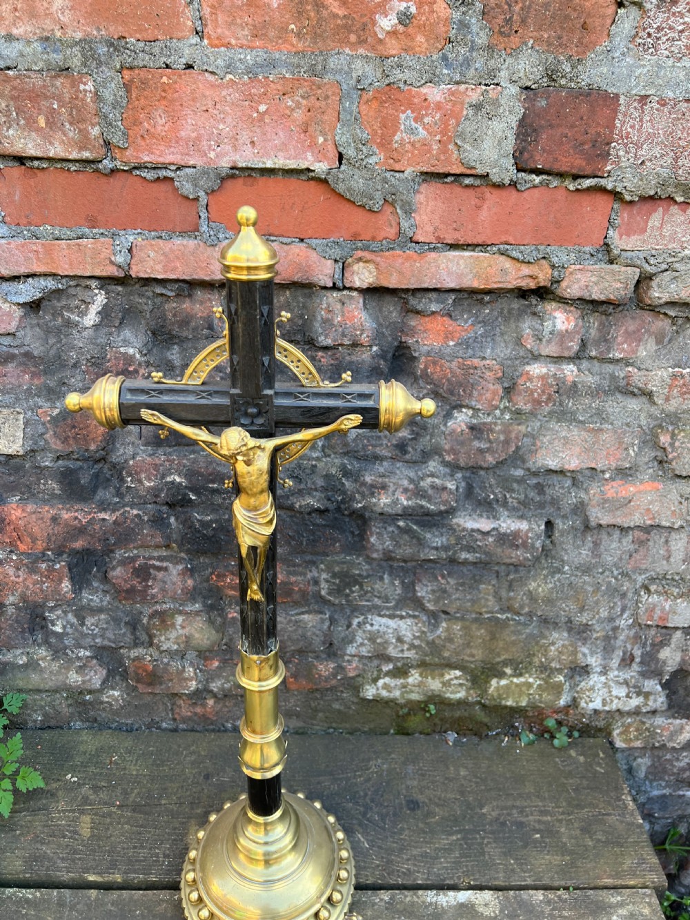 C19th reformed gothic brass and wood crucifix View IV